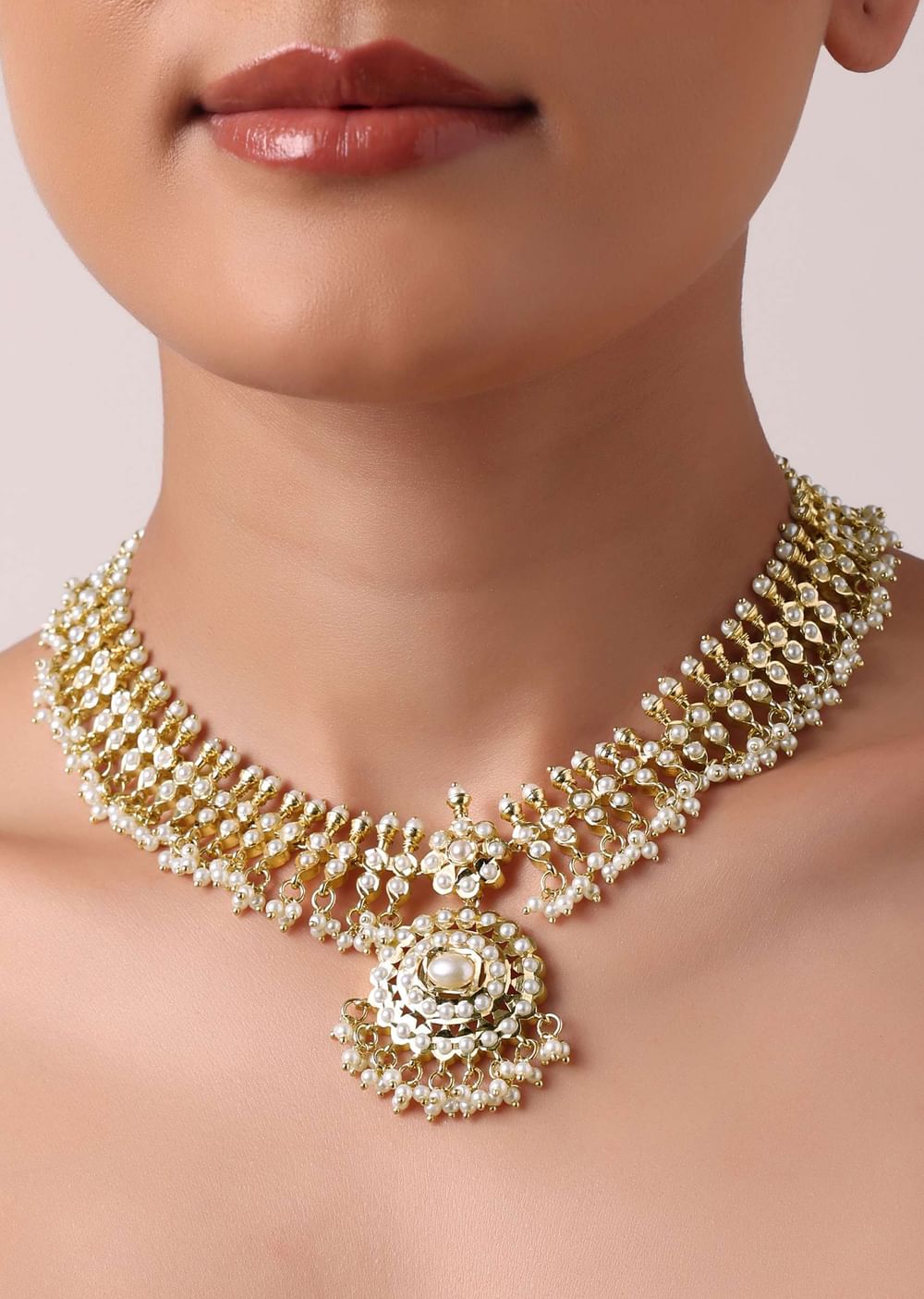 Gold Tone Pendant Kundan Necklace Set With Beads