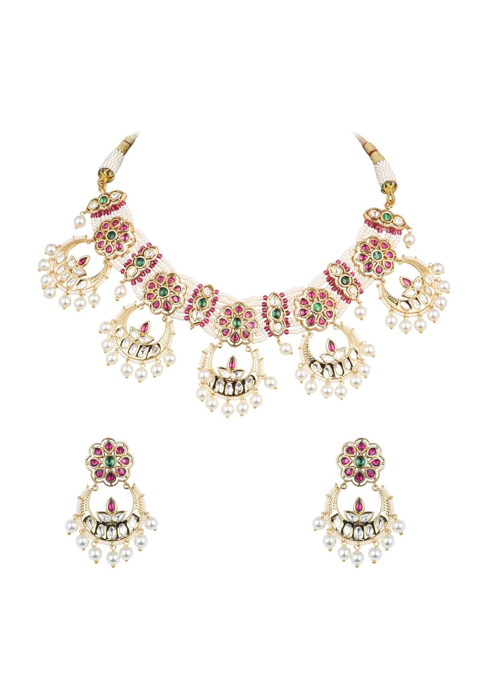 Gold Tone Temple Choker With Chandbali Earrings And Meenakari Detail