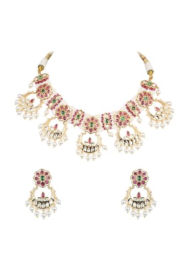 Gold Tone Temple Choker With Chandbali Earrings And Meenakari Detail
