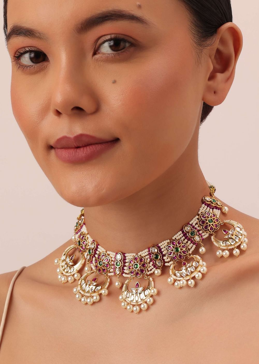 Gold Tone Temple Choker With Chandbali Earrings And Meenakari Detail