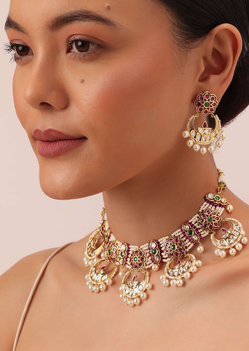 Gold Tone Temple Choker With Chandbali Earrings And Meenakari Detail