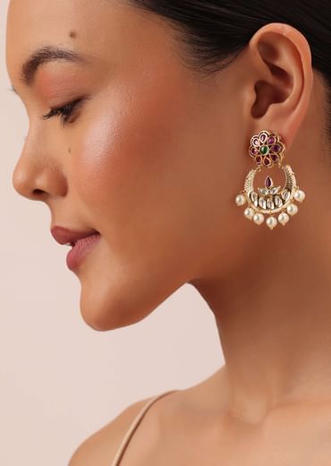 Gold Tone Temple Choker With Chandbali Earrings And Meenakari Detail