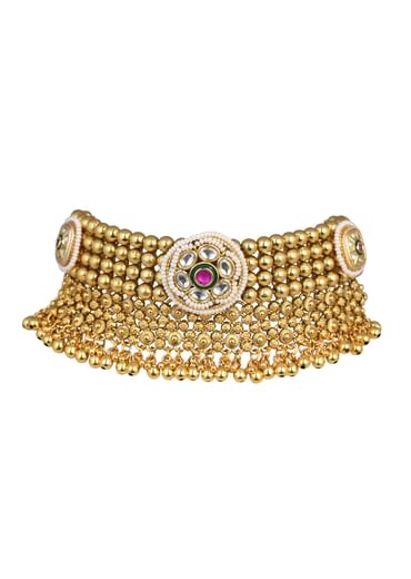 Gold Tone Temple Choker With Jhumkis And Meenakari Detail