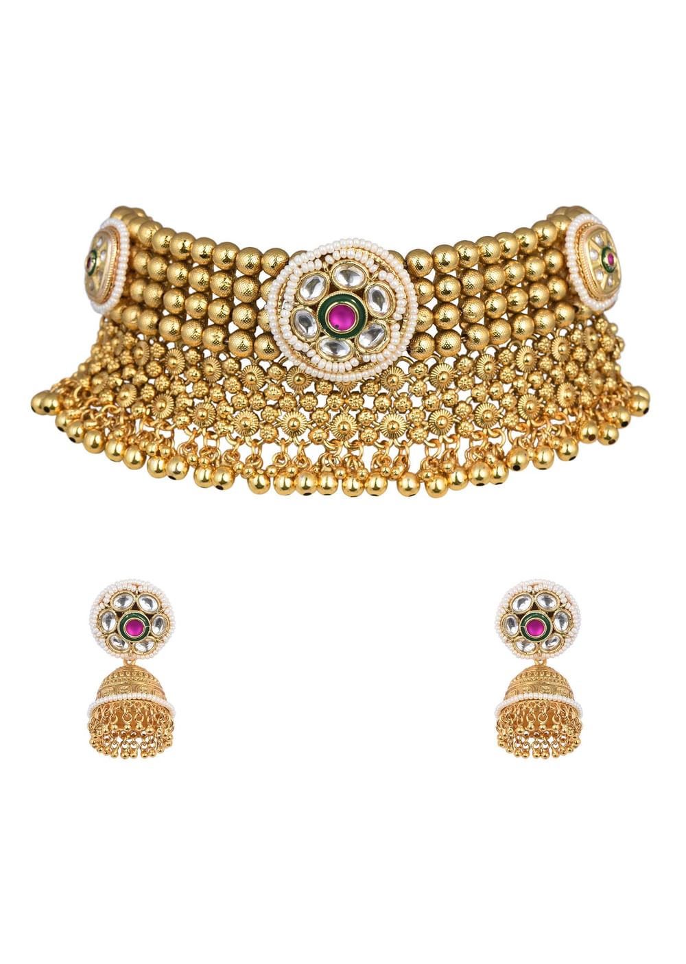 Gold Tone Temple Choker With Jhumkis And Meenakari Detail