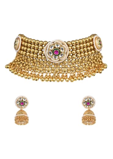 Gold Tone Temple Choker With Jhumkis And Meenakari Detail