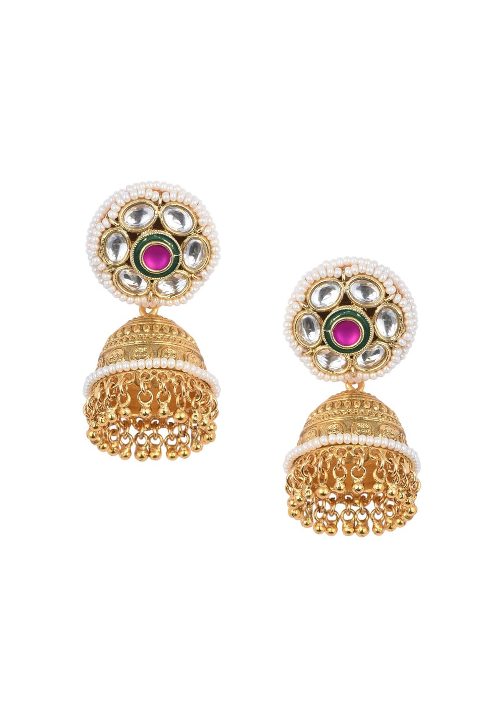 Gold Tone Temple Choker With Jhumkis And Meenakari Detail