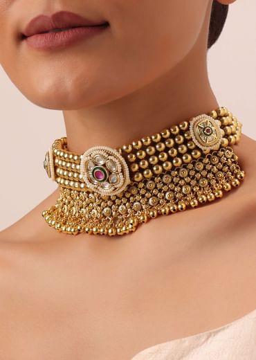 Gold Tone Temple Choker With Jhumkis And Meenakari Detail