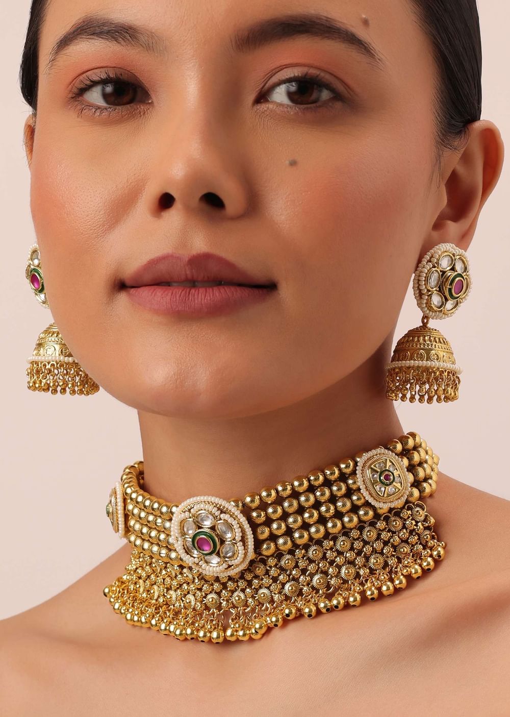 Gold Tone Temple Choker With Jhumkis And Meenakari Detail