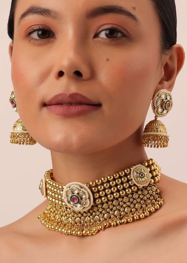 Gold Tone Temple Choker With Jhumkis And Meenakari Detail