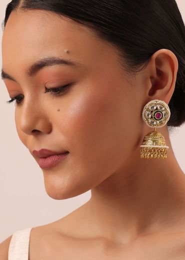 Gold Tone Temple Choker With Jhumkis And Meenakari Detail