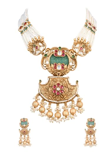 Gold Tone Temple Long Necklace Set With Meenakari And Pearls