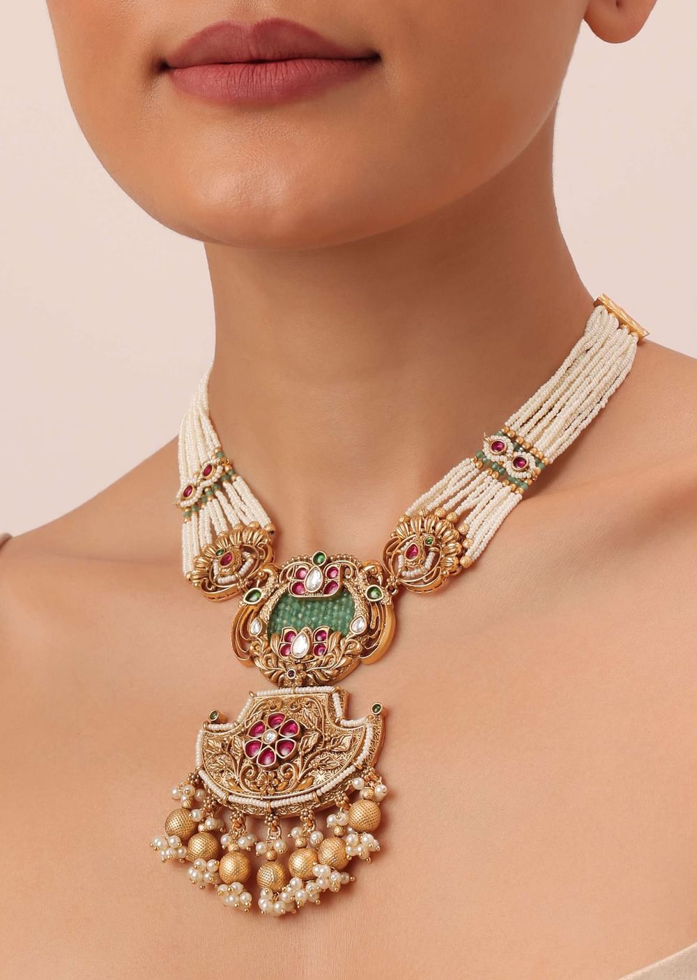 Gold Tone Temple Long Necklace Set With Meenakari And Pearls