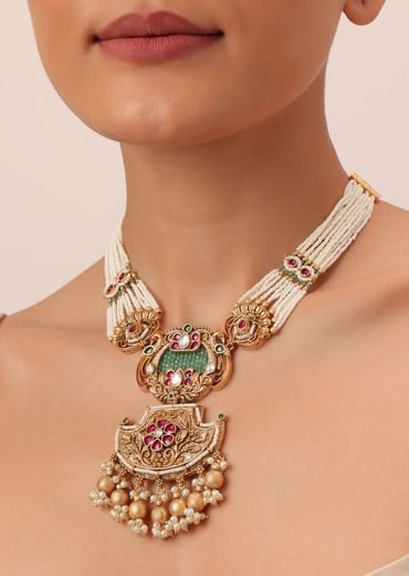 Gold Tone Temple Long Necklace Set With Meenakari And Pearls