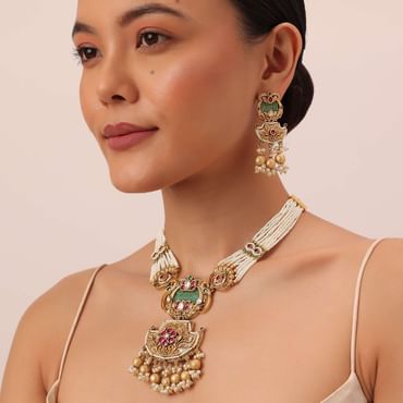 Gold Tone Temple Long Necklace Set With Meenakari And Pearls