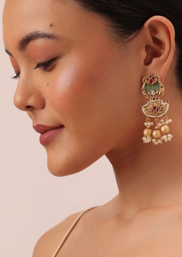 Gold Tone Temple Long Necklace Set With Meenakari And Pearls