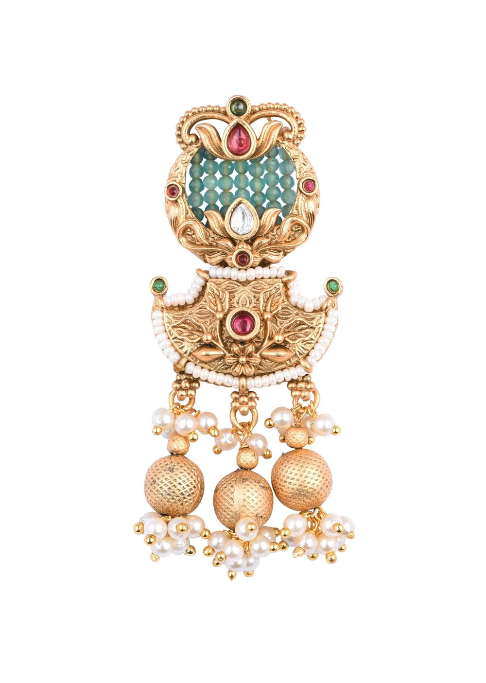Gold Tone Temple Long Necklace Set With Meenakari And Pearls
