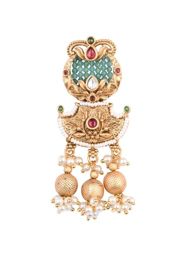 Gold Tone Temple Long Necklace Set With Meenakari And Pearls