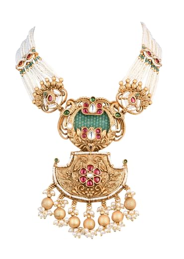 Gold Tone Temple Long Necklace Set With Meenakari And Pearls
