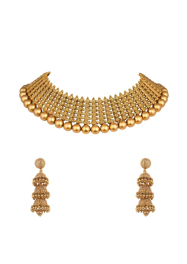 Gold Tone Temple Necklace With Layered Earrings Gold Tone Temple Necklace With Layered Earrings