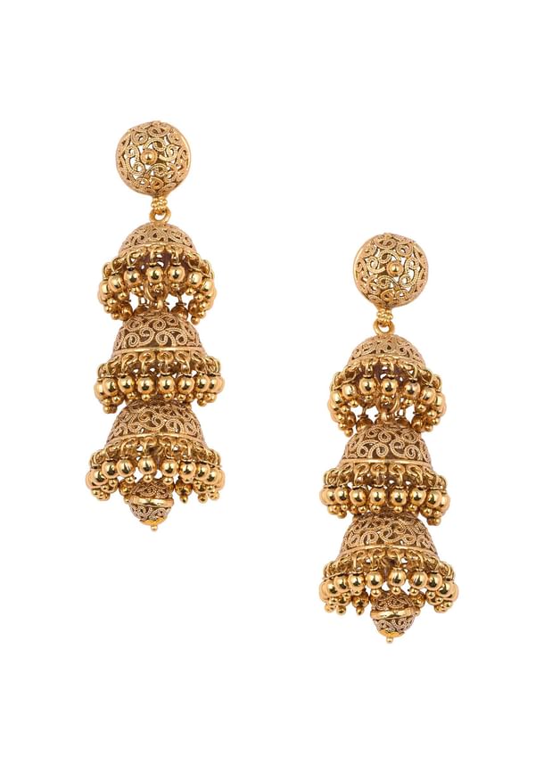 Gold Tone Temple Necklace With Layered Earrings Gold Tone Temple Necklace With Layered Earrings