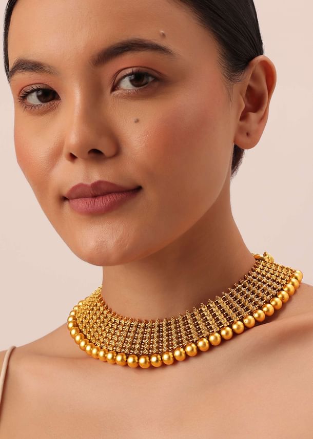 Gold Tone Temple Necklace With Layered Earrings Gold Tone Temple Necklace With Layered Earrings