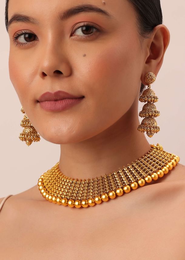 Gold Tone Temple Necklace With Layered Earrings Gold Tone Temple Necklace With Layered Earrings