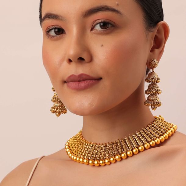 Gold Tone Temple Necklace With Layered Earrings Gold Tone Temple Necklace With Layered Earrings