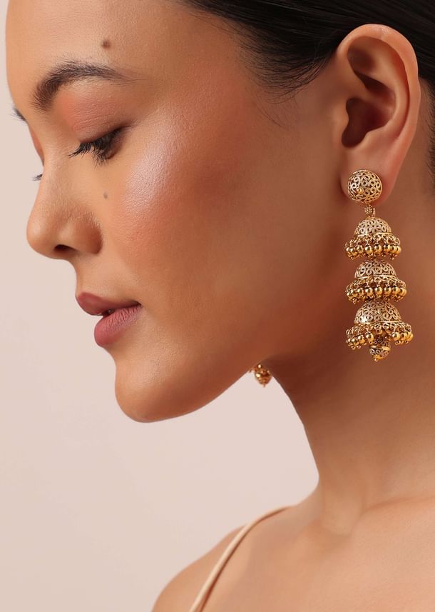 Gold Tone Temple Necklace With Layered Earrings Gold Tone Temple Necklace With Layered Earrings