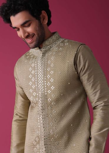 Gold Toned Jacket Kurta Set In Silk With Mirror Work