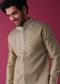 Gold Toned Jacket Kurta Set In Silk With Mirror Work