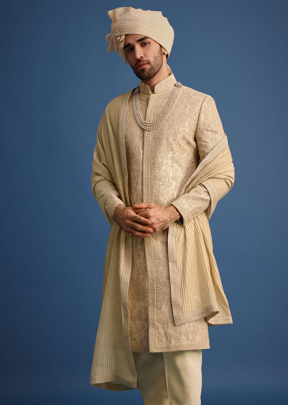 Gold Zari Embroidered Sherwani Suit With Mandarin Collar