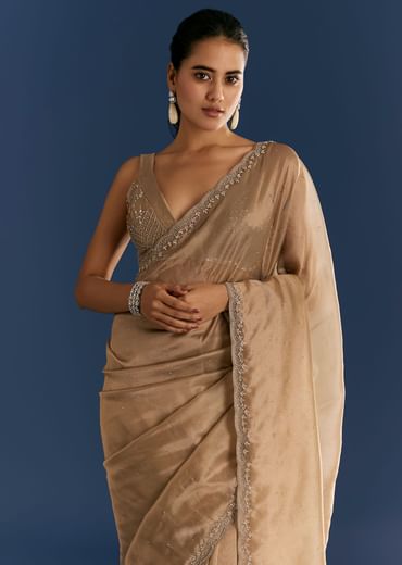Golden Beige Organza Tissue Saree With Cut Dana And Stone Embellishments