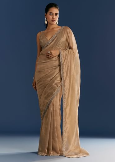 Golden Beige Organza Tissue Saree With Cut Dana And Stone Embellishments