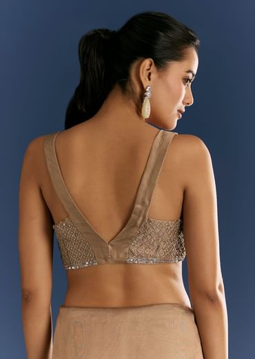 Golden Beige Organza Tissue Saree With Cut Dana And Stone Embellishments