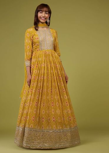 Cyber Yellow Silk Anarkali Suit In Patola Print