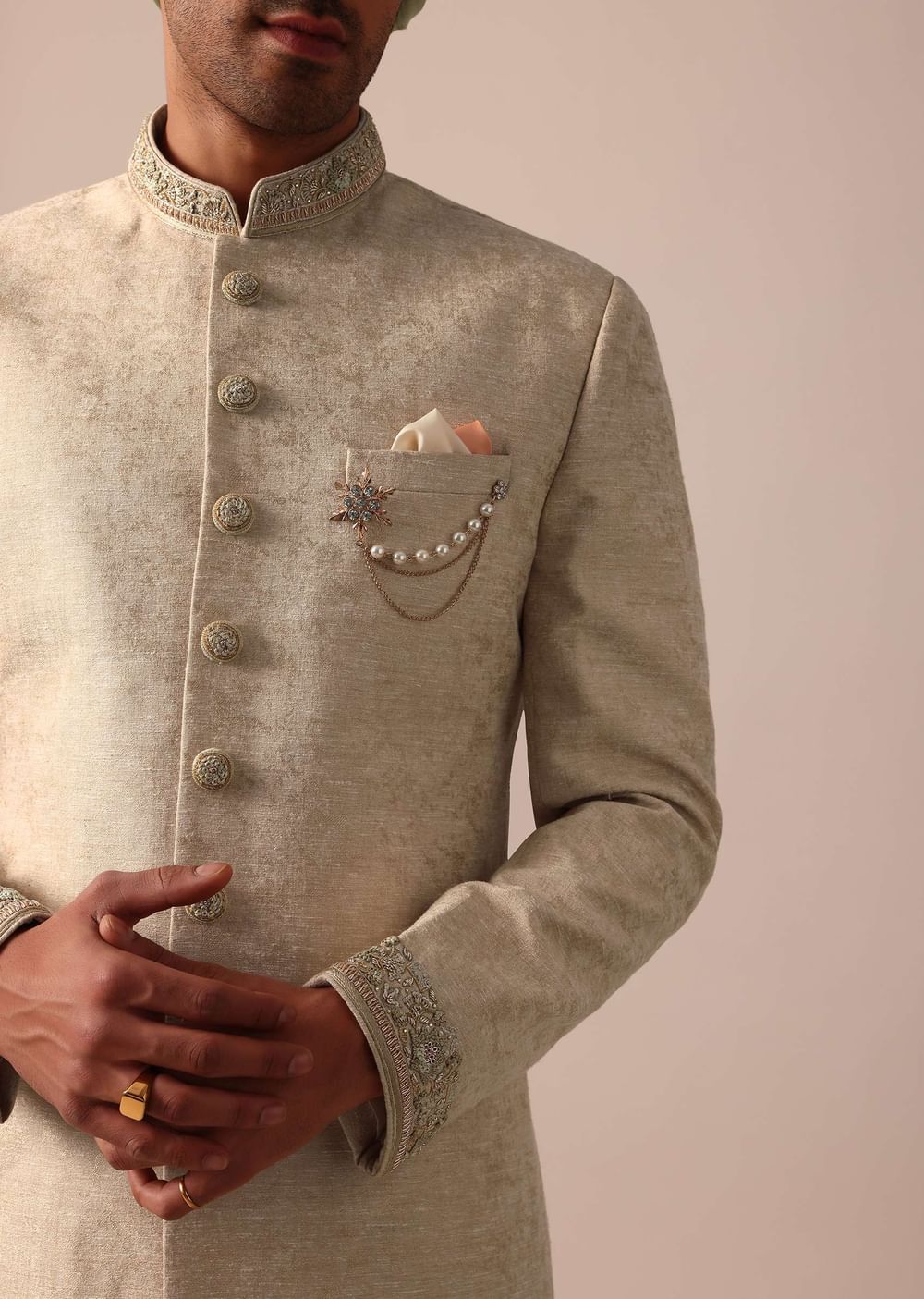 Golden Sherwani Set With Exquisite Embroidery Work