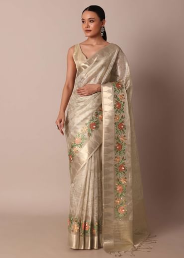 Golden Silk Saree With Exquisite Resham Thread Butti Work