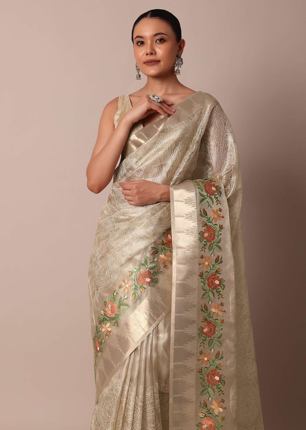 Golden Silk Saree With Exquisite Resham Thread Butti Work