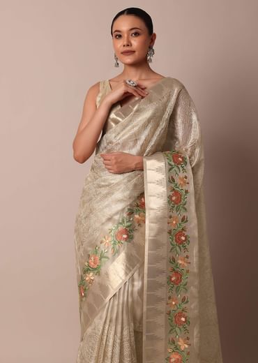 Golden Silk Saree With Exquisite Resham Thread Butti Work