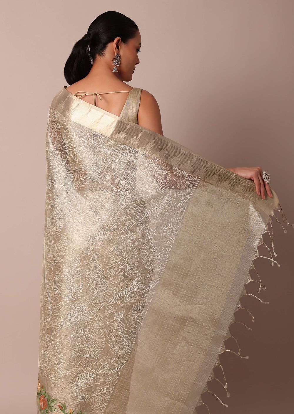 Golden Silk Saree With Exquisite Resham Thread Butti Work