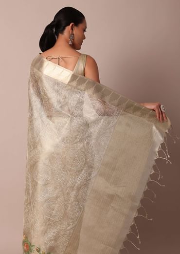 Golden Silk Saree With Exquisite Resham Thread Butti Work