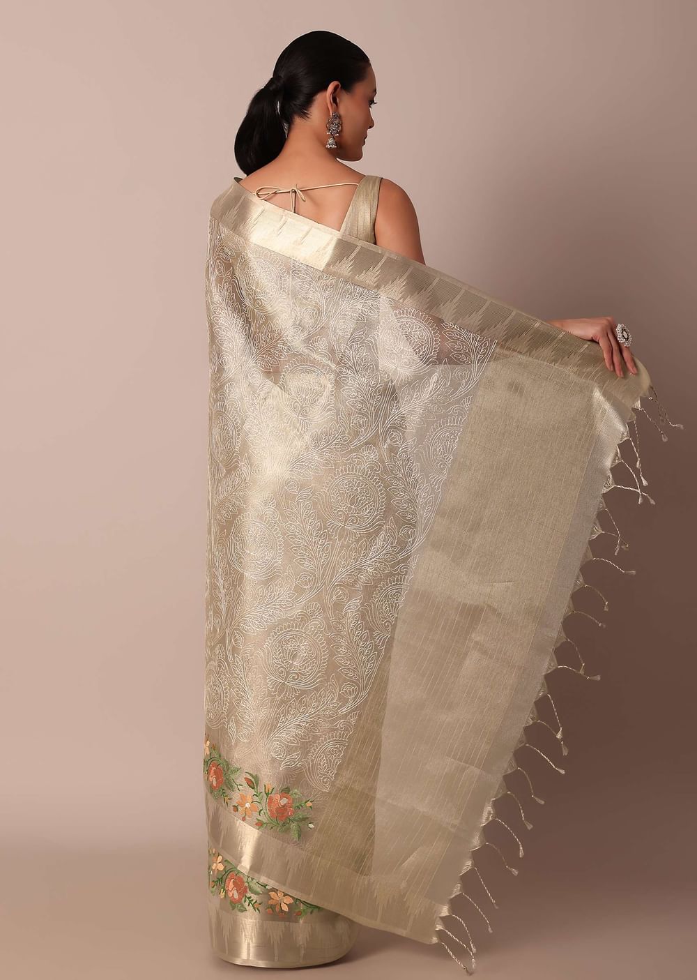 Golden Silk Saree With Exquisite Resham Thread Butti Work