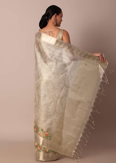 Golden Silk Saree With Exquisite Resham Thread Butti Work