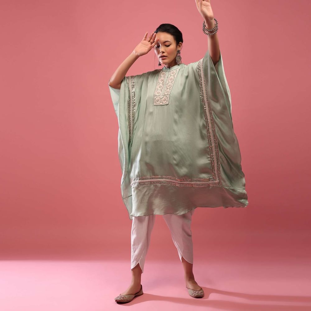 Powder Green Kaftan Suit Embroidered In Satin With Dhoti Pants