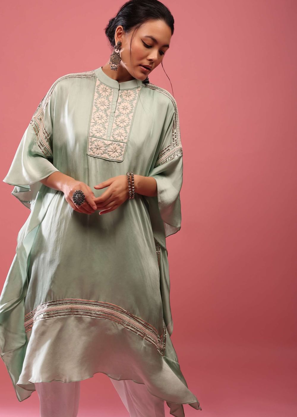 Powder Green Kaftan Suit Embroidered In Satin With Dhoti Pants