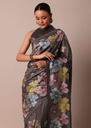 Graceful Grey Saree With Exquisite Thread Resham Work