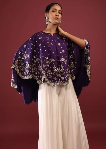 Grape Purple High Low Cape And White Palazzo Suit With Sequins And Zardosi Flowers