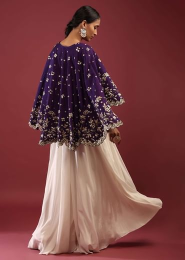 Grape Purple High Low Cape And White Palazzo Suit With Sequins And Zardosi Flowers