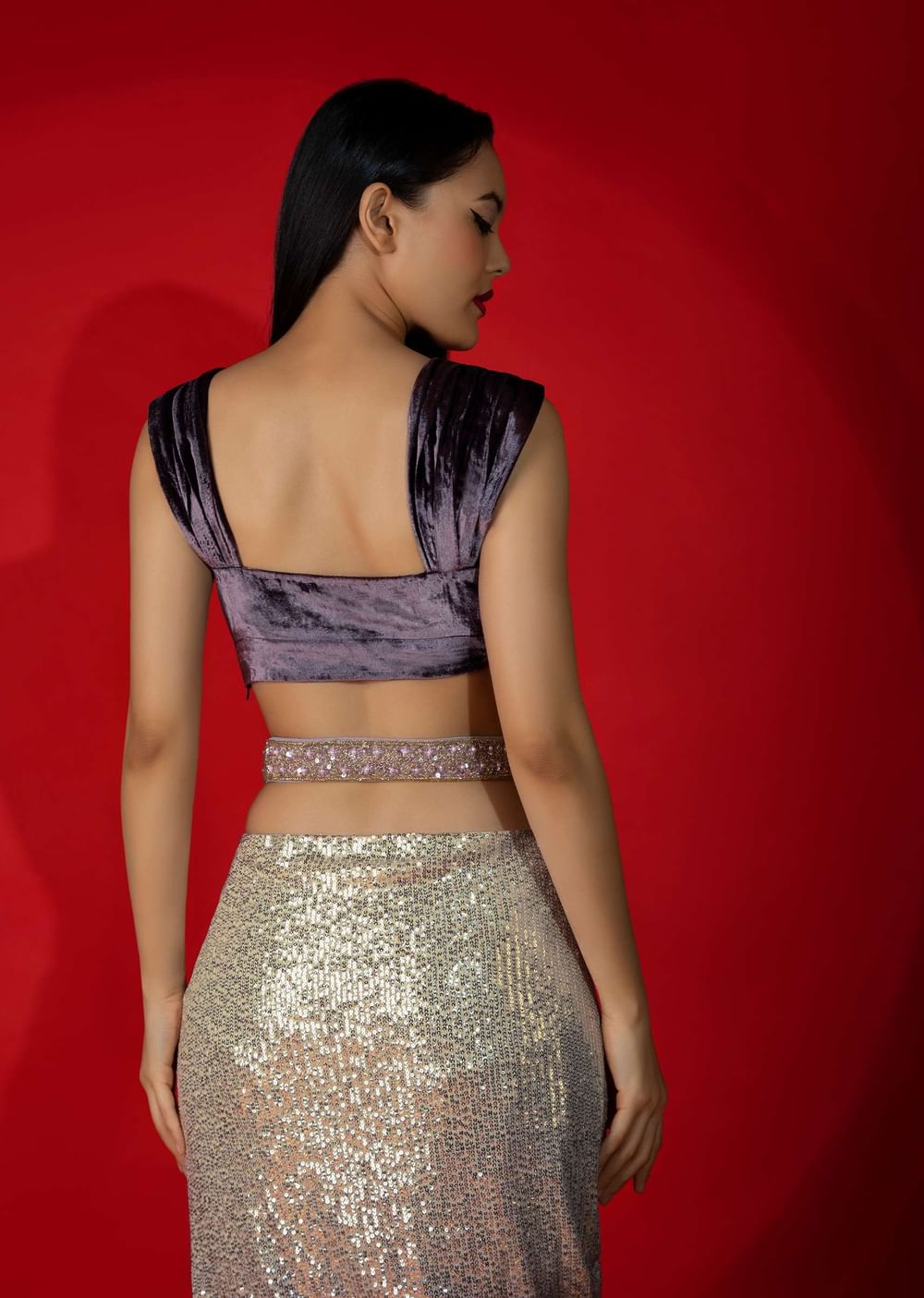 Grape Purple Velvet Blouse With Pleated Sleeves And Corset Neckline
