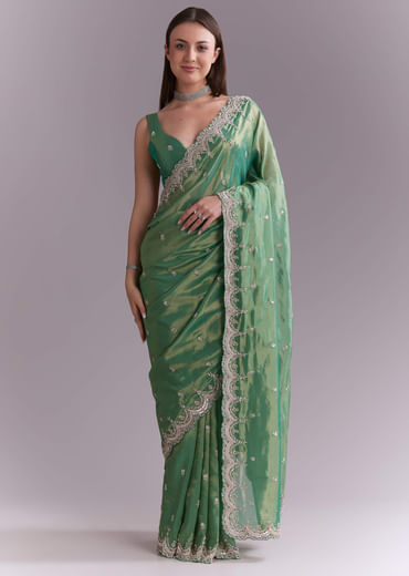Grass Green Silk Saree With Heavy Hand Embroidery
